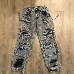 Fashion Nova Millie Non Stretch Ripped Cargo Jeans - Acid Wash Black